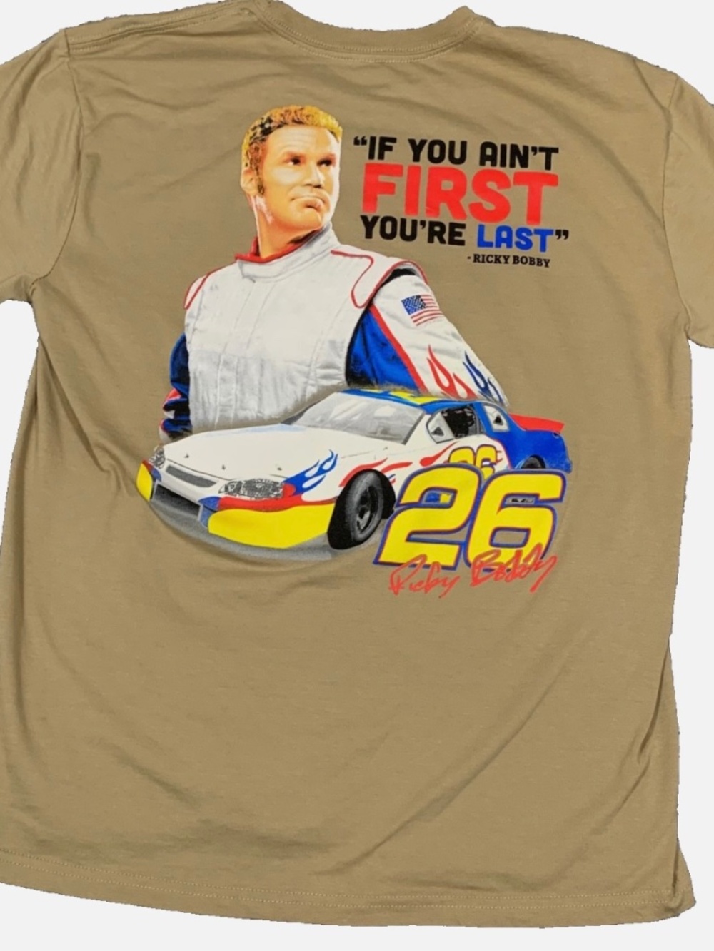 Talladega Nights Ricky Bobby Graphic T-Shirt Men's Medium Tan If You Ain't First